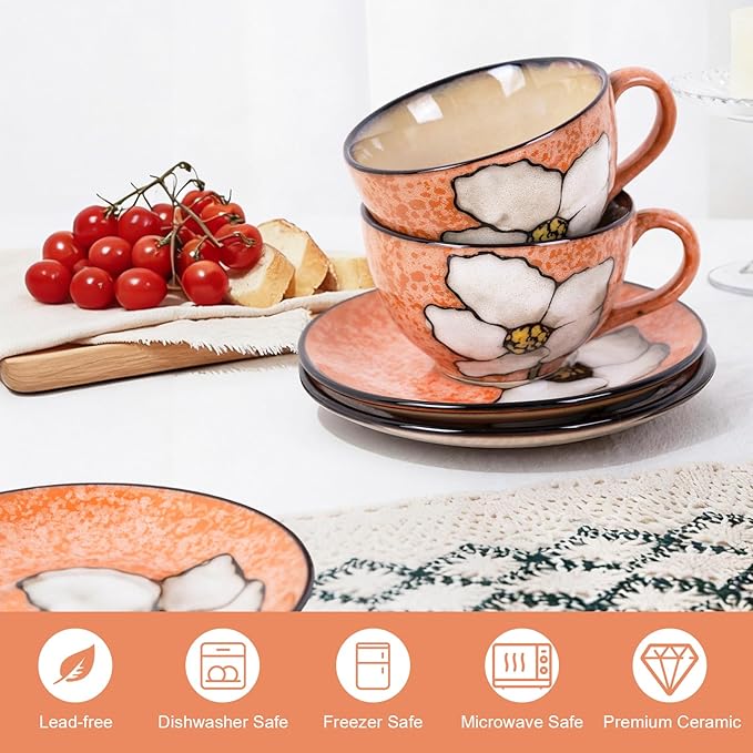 8 Oz Floral Porcelain Cappuccino Cups with Saucers Set of 4, Stoneware Tea Coffee Mugs for Home Kitchen & Office, Dishwasher Microwave Oven Safe, for Espresso, Latte, Americano, Milk & Tea, Pink