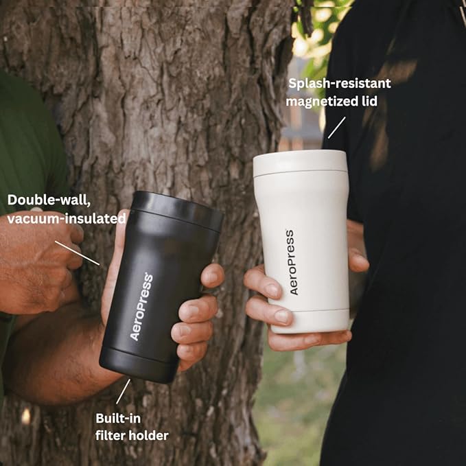 AeroPress Stainless Steel Travel Coffee Tumbler - Double-Wall Insulation for Hot or Cold Drinks with a Splash-Resistant Lid and Built-In Filter Storage, Cup Holder Friendly - 16 oz, Black