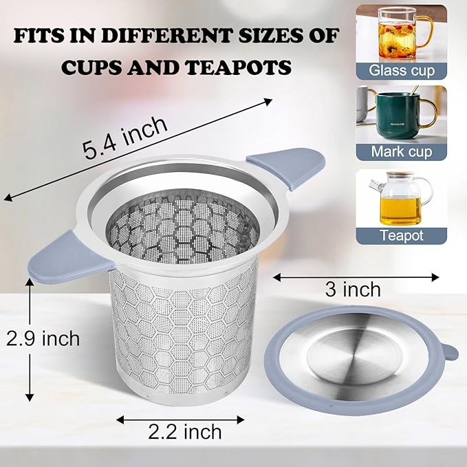 Tea Infuser for Loose Leaf Tea, Extra Fine 304 Stainless Steel Tea Strainer Stepper with Heat-Resistant Silicone Handles and Lid, Large Capacity Tea Basket Filter for Mug, Cup (Silver)