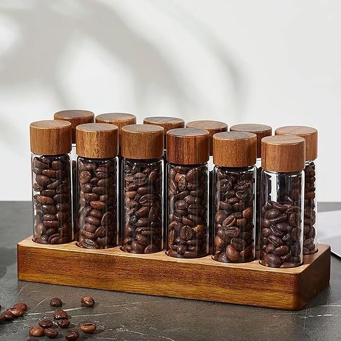 Coffee Bean Storage,Coffee Storage Container with Walnut Solid Wood Base,Coffee Bean Container,12 Tubes Single Dose with Wooden Holder(Type 1)