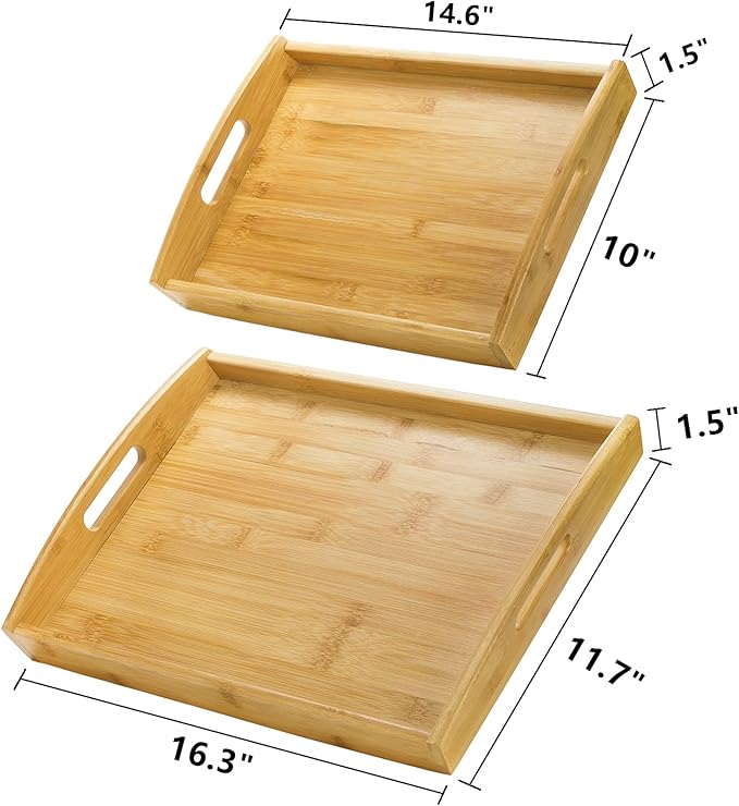 Peohud 4 Pack Bamboo Serving Trays with Handles, Rectangular Kitchen Food Tray for Eating, Dinner Trays for Eating on Couch, Wood Serving Platter for Breakfast, Tea, Bar, Restaurant, Party or Bed