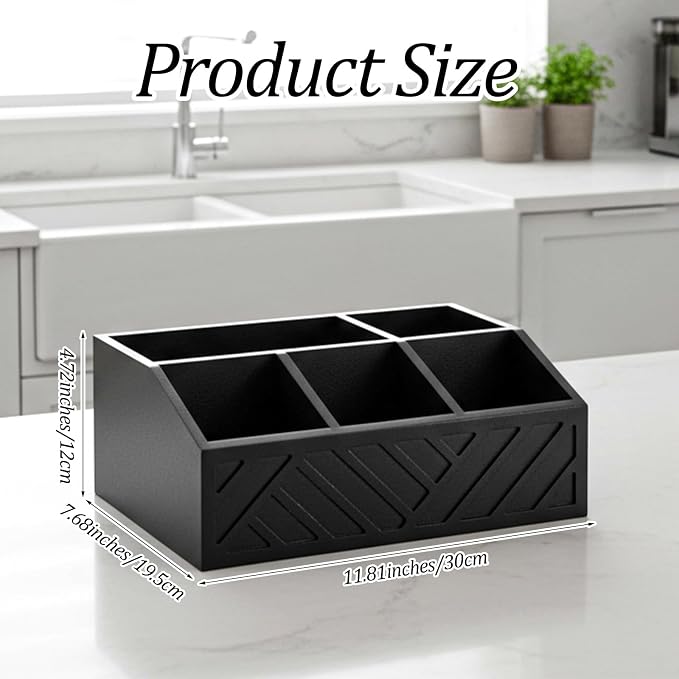 Kifmurase Black Coffee Station Organizer for Counter, Wood Coffee Pods Holder Storage Basket with 5 Compartments, Coffe and Tea Condiment Basket Storage Organizer, Farmhouse Bar Accessories Decor - Image 2