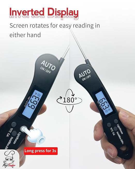5 PCs Instant Read Meat Thermometer, 1.2s Fast Read, ±1°F Accuracy, -58°F to 572°F, 4.4" Foldable Probe, 0 °C Calibration, Min/Max (Session), Auto-Rotating Backlit Display, °F/°C, Magnetic Back