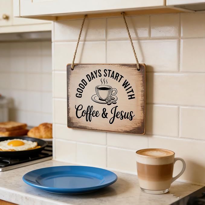 Coffee Signs, Good Days Start with Coffee and Jesus Sign, Wood Farmhouse Wall Sign Bar Decor for Kitchen, Home, Office, Cafe Station Housewarming Gift - Image 5