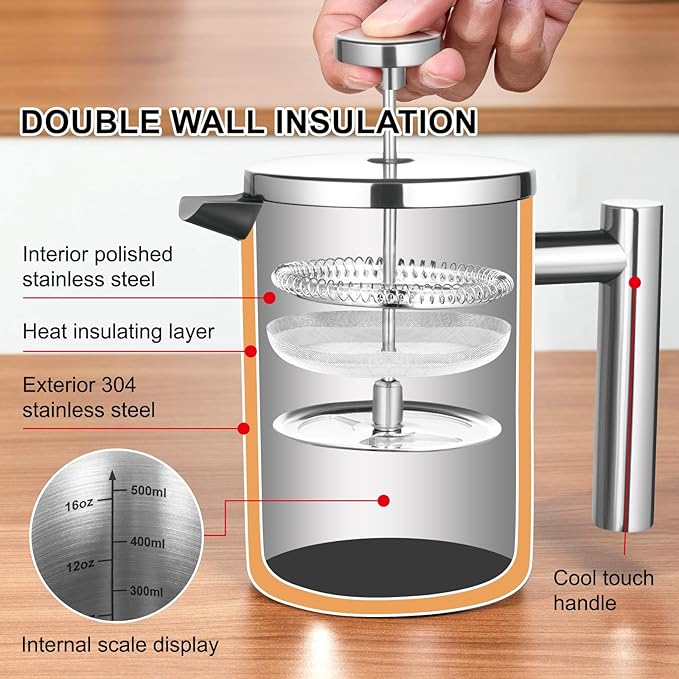 French Press Coffee Maker with Scale, 304 Stainless Steel French Press, 17OZ, Double-Wall Insulated, Food Grade, Suitable for Kitchen and Travel Camping