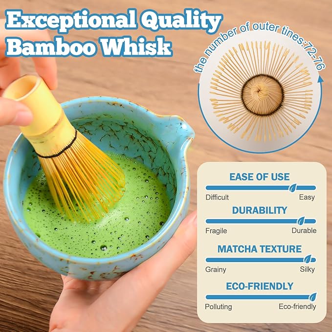 MONOJOY Matcha Whisk Set - Microwave Safe Ceramic Bowl with Spout, BPA-Free Japanese Matcha Kit with Holder & Stainless Steel Sifter, 4 PCS Gift Set