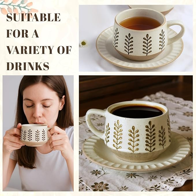 LemonRoad 1 Set Vintage Tea Cup and Saucer Set Floral Tea Cup with Saucer 10oz Porcelain Vintage Coffee Mugs for Spring Party Birthday Gift Coffee (Leaves Design)