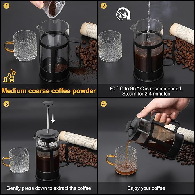 Mini French Press Coffee Maker, Heat Resistant Thickened Borosilicate Classic Glass Stainless Steel Coffee Press, 12OZ Heat Cold Brew Coffee Pot Tea Press for Kitchen Travel Camping，Black