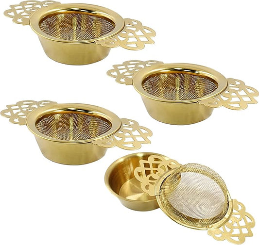 4 Pack Tea Strainers with Drip Bowls, Stainless Steel Tea Strainer Bowl Loose Leaf Tea Filter for 2.5-4 Inch Cup Mouth (Gold)