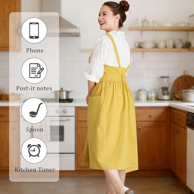 Cotton Linen Cross Back pinafore Apron Dress for Women with Pockets for Cooking Cleaning - Crossback Apron - Yellow - without Waist Ties - Image 5