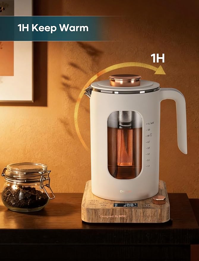 Electric Tea Kettle, Electric Kettle with Tea Infuser, ±1℉ Knob Temperature Control, BPA-Free Glass, 1200W Fast Heating, Easy to Clean, 1 Liter (Cream White)