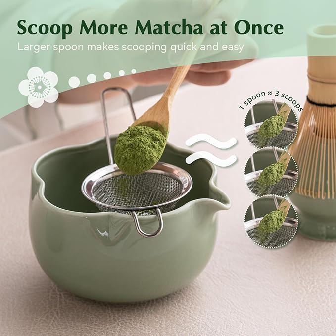 Matcha Set, 8Pcs Floral Ceramic Matcha Kit with Matcha Whisk, Holder, Scoop, Scoop Rest, Sifter, Spoon and Tea Towel - Thoughtful Matcha Whisk Set Gift for Matcha Lovers (Green)