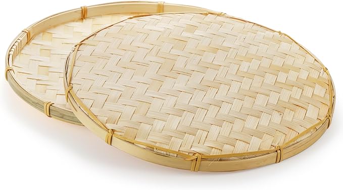 Goaste 5 Pack Round Bamboo Serving Trays, Decorative Flat Wicker Baskets, Handwoven Shallow Wicker Organizers for Food Storage, Fruit, Snacks, Kids DIY Drawing, Wall Hanging Decoration
