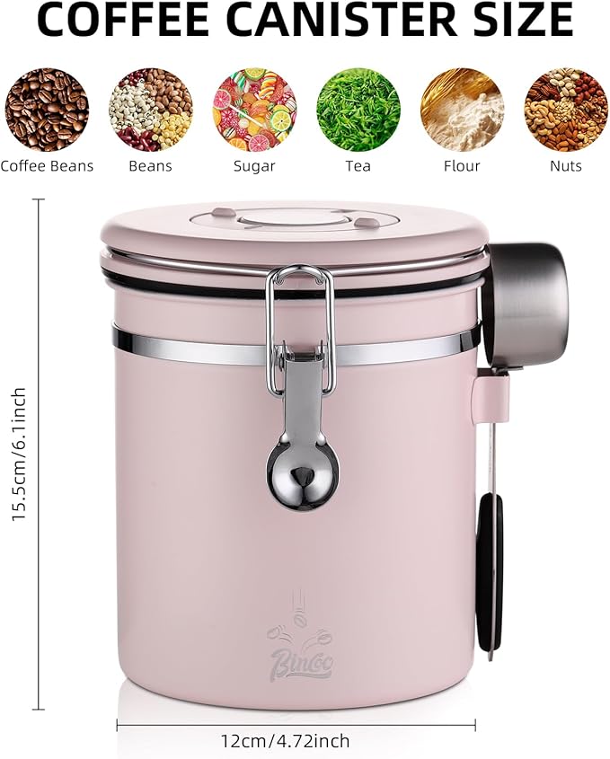 Bincoo Premium Pink Coffee Canister, 1500ml/18oz Large Airtight Stainless Steel Coffee Bean Storage Container with Date Tracker & Scoop (1500ML)