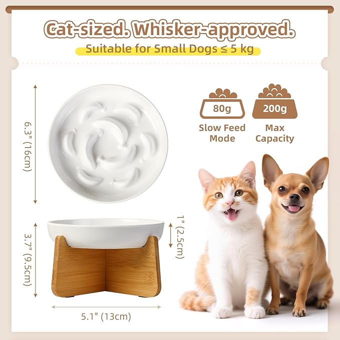 Slow Feeder Cat Bowl Set - White Melamine Maze Dish in 2 Styles (Single Bowl & with Bamboo Stand) - Whisker-Friendly, Shallow, Elevated Combo