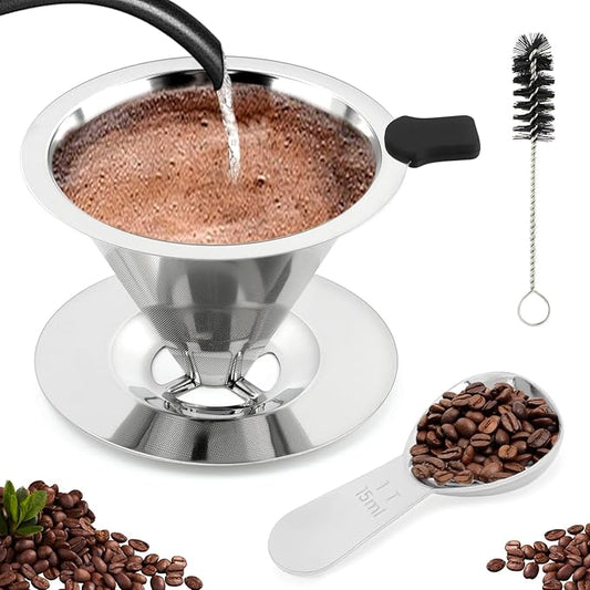 Pour Over Coffee Dripper,Upgraded Double Micro Mesh Filter With Cleaning Brush & 15g Measuring Scoop,Stainless Steel Reusable Coffee Filters Metal Cone-Filter Paperles(3-4cups)