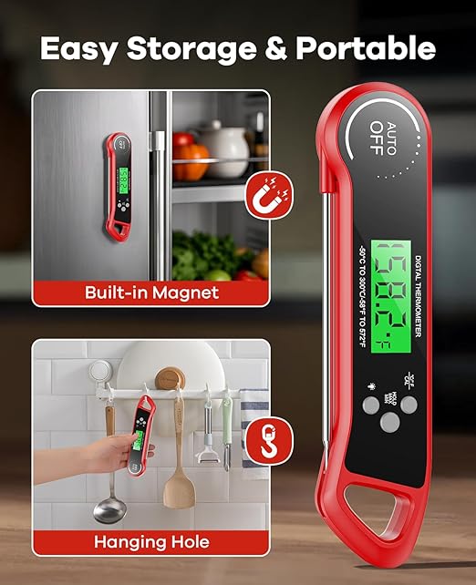 Meat Thermometer Digital, Instant Read Thermometer with Backlight, Calibration & Hold Function, Waterproof Food Thermometer for Kitchen and Outside, BBQ,Turkey, Candy, Liquids, Beef (red)