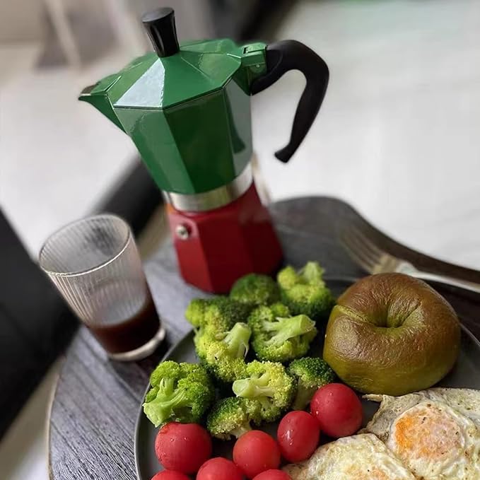 Coffee Pot, Moka Pot Italian Coffee Maker 6 cup/10 OZ Stovetop Espresso Maker for Gas or Electric Ceramic Stovetop Camping Manual Cuban Coffee Percolator for Cappuccino or Latte- Green+Red