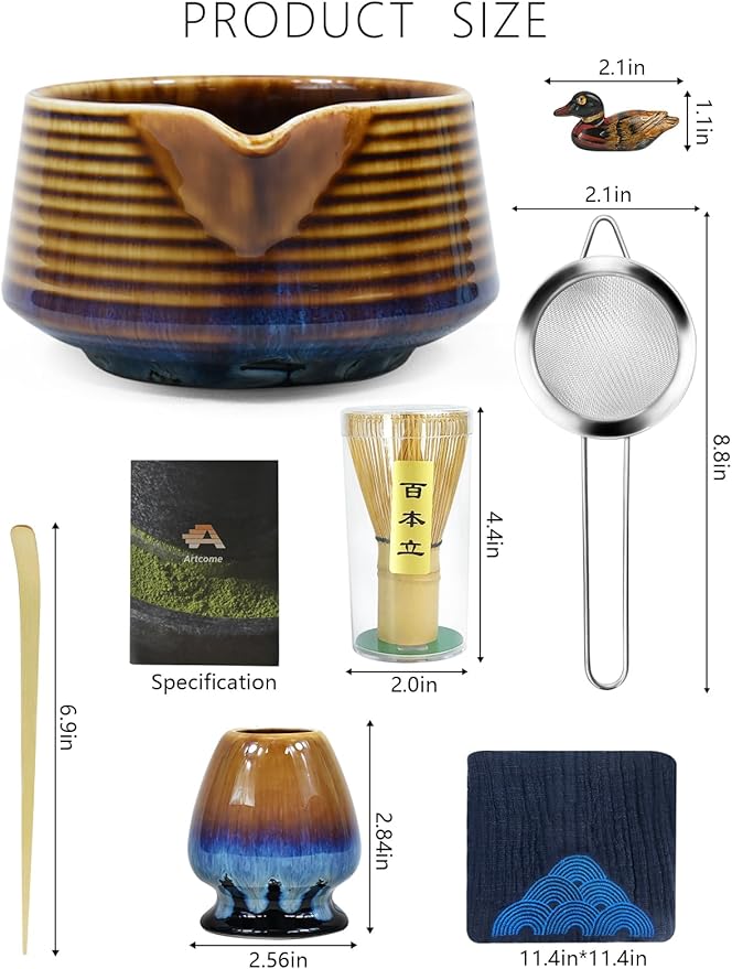 Artcome Matcha Tea Set – Japanese Ceremonial Matcha Kit with Pouring Bowl, Bamboo Whisk, Scoop, Sifter & Holder – Traditional Tea Ceremony Tools for Home or Gift