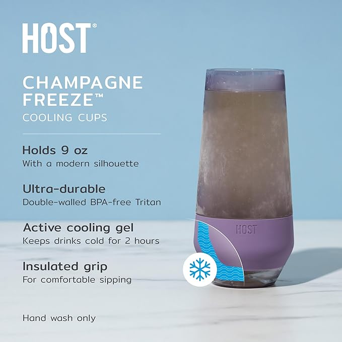 Host Champagne FREEZE Double-Walled Stemless Wine Glass for Sparkling Wine, Glasses Drinking Set Cooling Cups, 9 Oz Plastic Colored Glassware, Deep Lilac Purple Set of 2