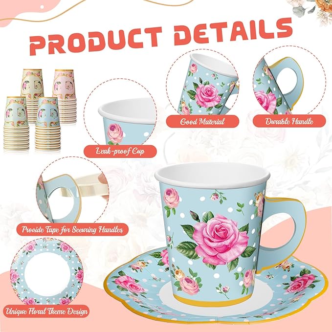 Umigy 60 Sets Tea Party Decorations 9 oz Floral Paper Tea Cups with Handle and Plates Disposable Blossom Teacups and Saucers Sets for Girls Kids Birthday Garden Wedding Party Supplies(Multicolored)