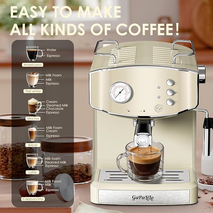 Retro-Style 20 Bar Espresso Machine with Milk Frother, ESE Pod Compatible Coffee Make with Pressure Gauge, 54 oz Food-Grade PP Removable Water Tank, Ideal for Home Barista,Beige