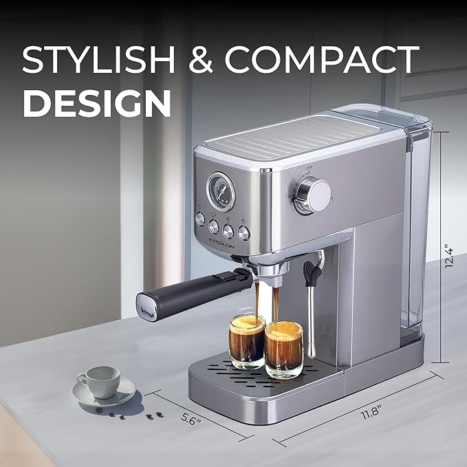 Epsilon Coffee Machine with Milk Frother, Compact 20-Bar Espresso Maker, Hot and Iced Coffee Maker with Removable Water Tank, Cold Brew Feature, and Steam Wand, 1.2L Capacity - Stainless Steel