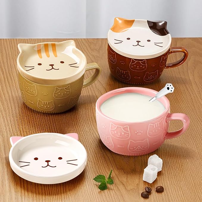 BigNoseDeer Cute Cat Mug Kawaii Tea Cup Pink Ceramic Coffee Mug with lid, Tea Cups and Saucers Preppy Stuff Cute Gifts for Women Cat Lovers Christmas Gifts 10oz