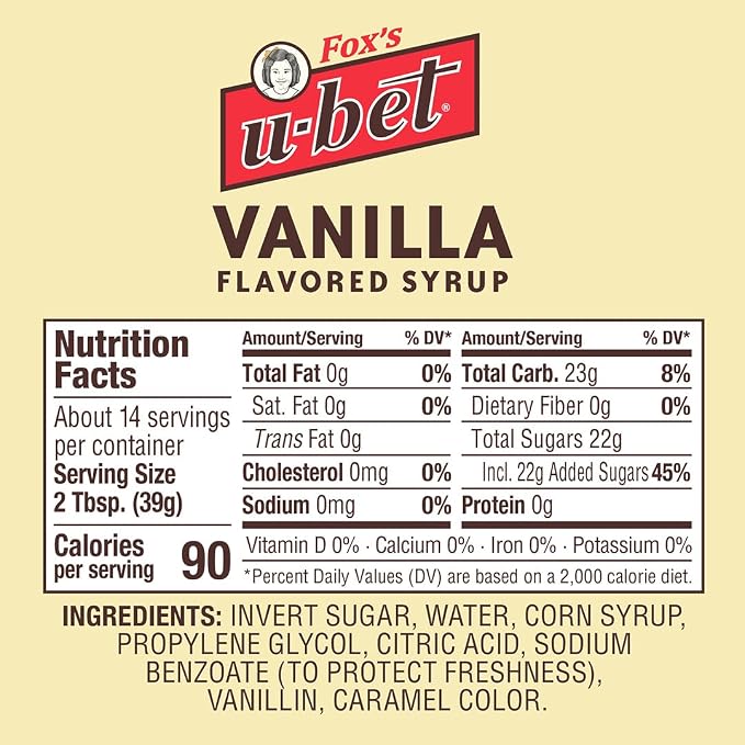 FOX’S U-BET Syrup Bottle – Brooklyn Original Since 1900, Thick, No High Fructose Corn Syrup, Kosher Certified, Fat Free, For Egg Creams, Coffee, Milkshakes & Desserts, 20 oz (2-Pack, Vanilla) - Image 4