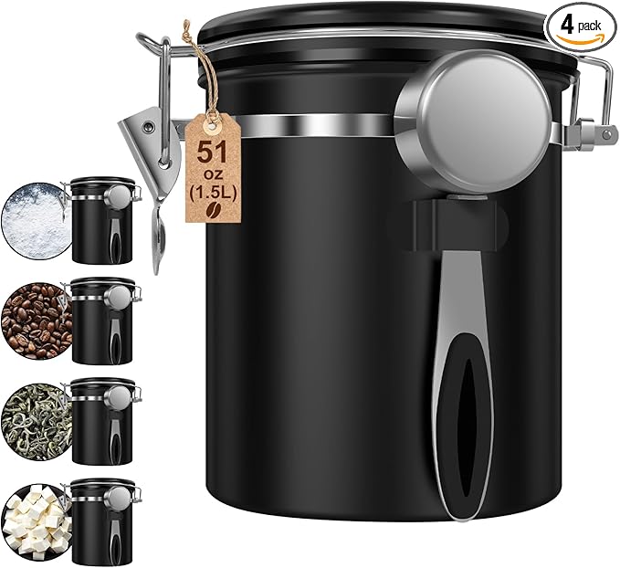 4PCS Coffee Storage Canister 1.5L 51OZ Double Airtight Coffee Beans Container with Date Locator 304 Stainless Steel Kitchen Food Storage Container with Spoon for Tea Sugar