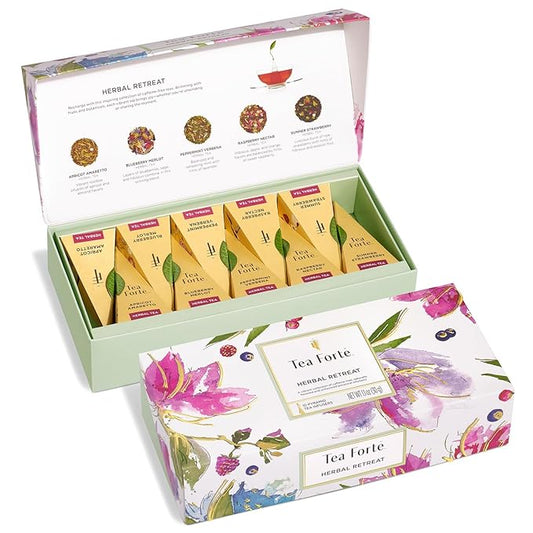 Tea Forte Premium Petite Presentation Box Gift Set Sampler, 10 Count, 2 of Each Blend Individually Wrapped Handcrafted Pyramid Infuser Bags, Herbal Retreat