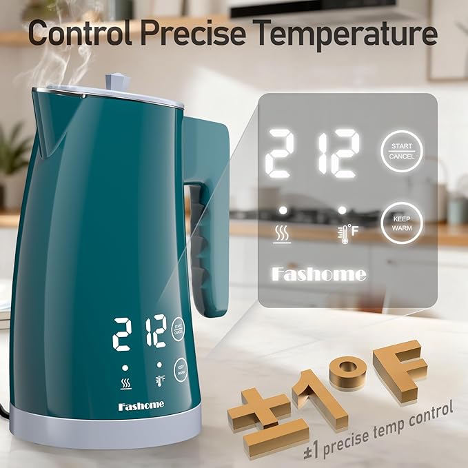 Electric Kettle with Temperature Control, 5 Preset Temps & 2H Keep Warm, 1200W Quiet Water Boiler, BPA-Free Double Wall Cool Touch, Digital Display, 360° Base - Green