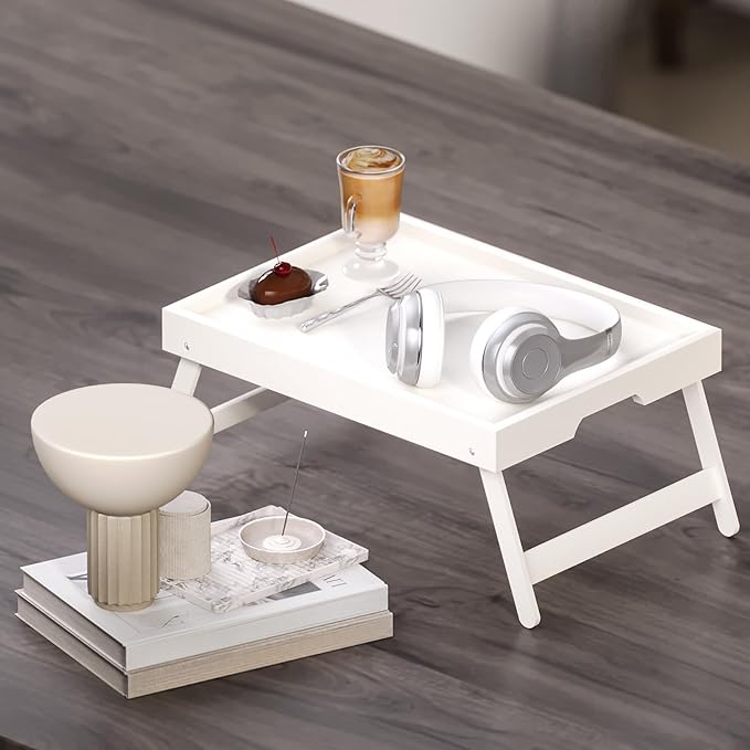 2 Pack Bamboo Bed Tray Table with Folding Legs,Breakfast Trays,Serving Tray for Food and Snack,Laptop Trays for Working(White)