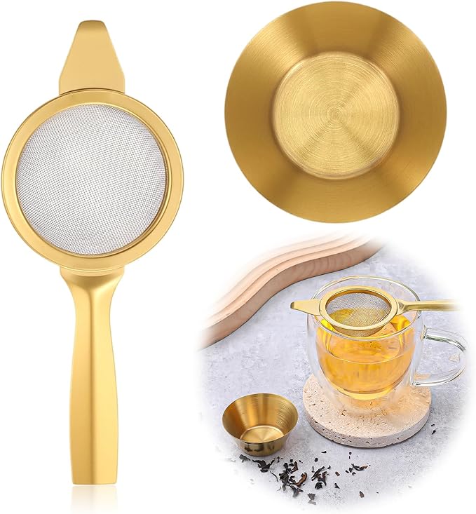 TIESOME 2.2"Gold Matcha Sifter Strainer, 30 Fine Mesh Mini Strainer for Tea with Handle and Base Stainless Steel Small Tea Strainer for Loose Coffee Cocktail with Base (Gold)