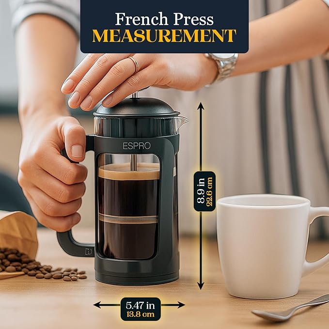ESPRO P3 French Press Coffee Maker – Patented Double Micro-Filter for Grit-Free Brew, Heat Resistant thicker Borosilicate Glass Coffee press – (17 oz)