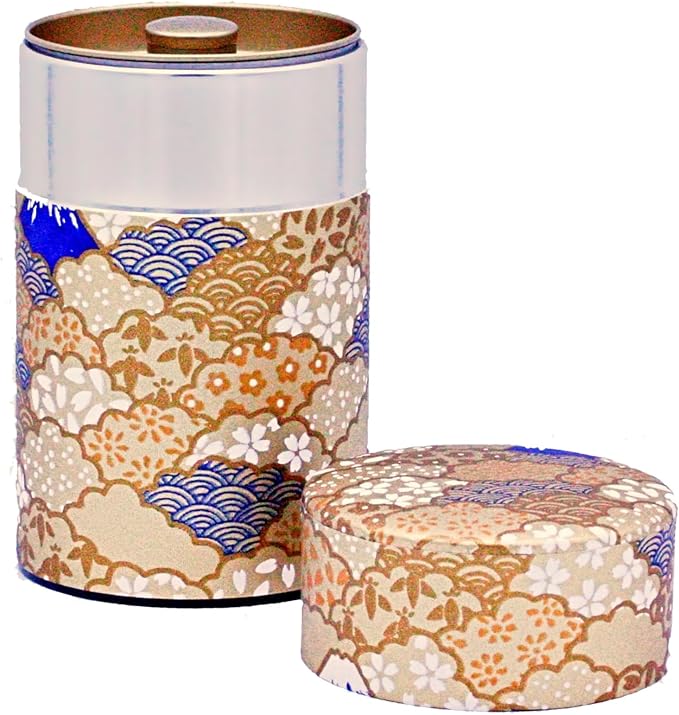 Washi Paper Tea Tin Canister: Long 3.5oz (100g) Mt. Fuji at Golden Hour (#151), Japan