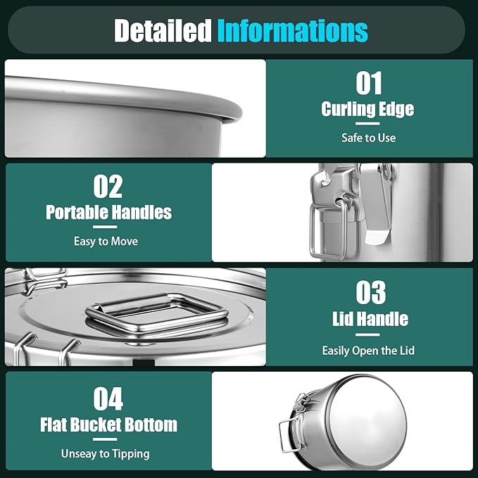 304 Stainless Steel Airtight Canister for Kitchen, 3.2Gal Canisters Container with Lids and Sturdy Locking Clamp, Bucket Food Storage Containers Airtight for Flour Coffee Bean Tea (Silver-12L)