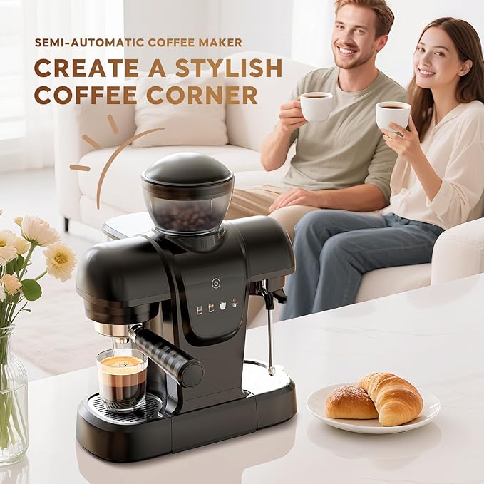 20 Bar Espresso Machine with Grinder & Steam Wand - Semi Automatic Coffee Maker, NTC Intelligent Temp Control, 58mm Stainless Steel Portafilter, One-Touch Panel for Home Barista (Removable Water Tank)