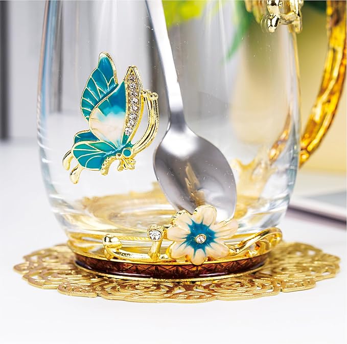 Flower Tea Cup,Butterfly Daisy Glass Fancy Coffee Mug with Spoon,Gift Box for Her Mom Wife Grandma Girls Friends Valentines Christmas Birthday Present Idea for Juice,Hot/Cold Drinks Use