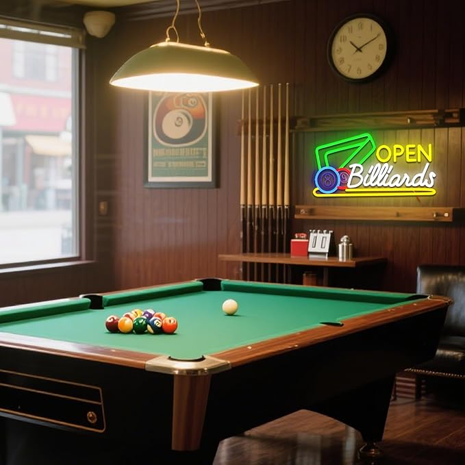 Billiards Neon Open Sign for Wall Decor Dimmable 16.54" x 8.78" Led Sign for Pool Room USB Powered Neon Light for Business Game Room Billiard Club Bar Pub Party Man Cave Decoration