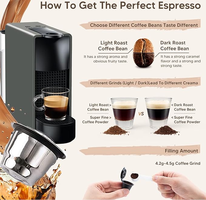 Stainless Steel Refillable Coffee Espr*sso Capsules, Reusable Coffee Pods Compatible with Nespresso Original Line Brewers 4Y Crema New Generation (3 Capsules + 1 Tamper)