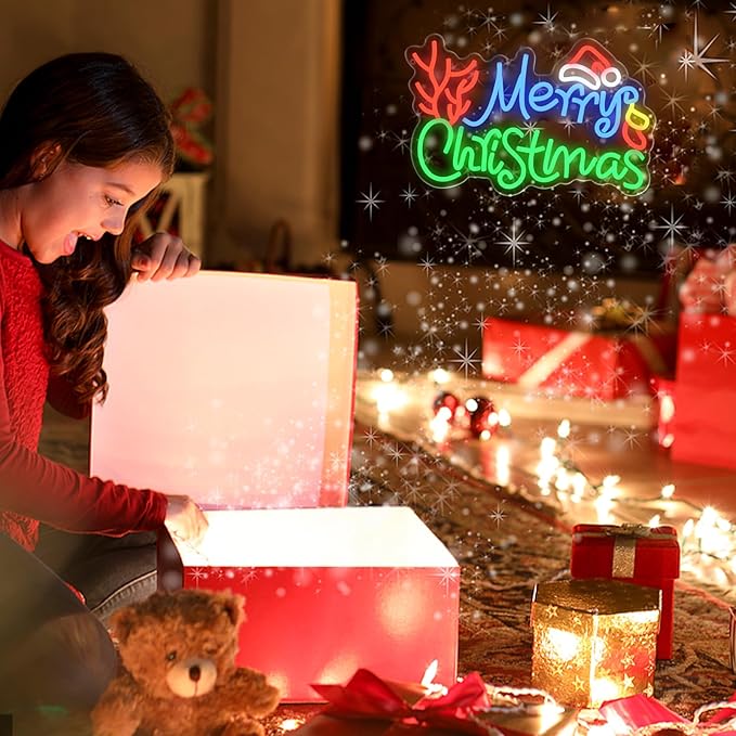 Merry Christmas Neon Sign Dimmable LED Merry Christmas Light Sign for Wall Decor, USB Powered LED Colorful Sign with Hat for Bedroom Living Room Kids Room Decoration
