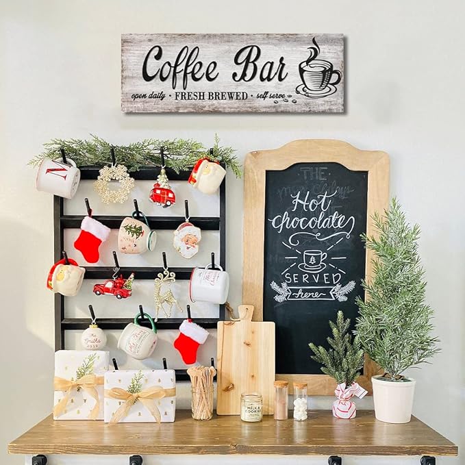 Rustic Wood Grain Coffee Station Decor - Retro Coffee Bar Signs for Kitchen - Self Serve Fresh Brewed Open Daily, Large