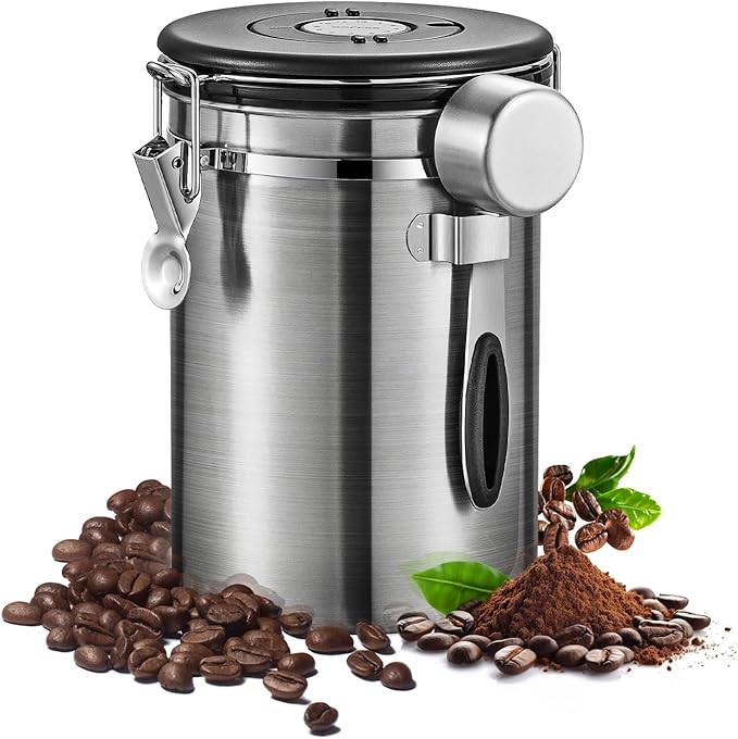 Airtight Coffee Container with Date Tracker & Spoon - Kitchen Storage Jar for Coffee Grounds, Cereal, Beans, Sugar (Silver, 24OZ)