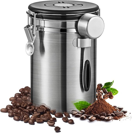 Airtight Coffee Container with Date Tracker & Spoon - Kitchen Storage Jar for Coffee Grounds, Cereal, Beans, Sugar (Silver, 24OZ)