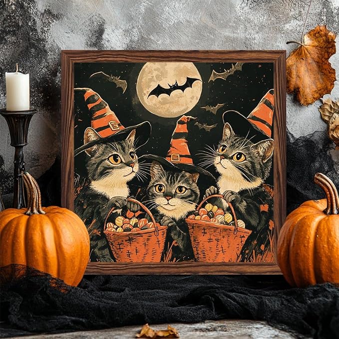 Vintage Halloween Decorative Sign Witch Cats Holding Baskets of Candy Art Wooden Sign, With Frame Festival Sign for Home Office, Cafe, Bathroom Halloween Decor 7.87x7.87 Inch - Image 2