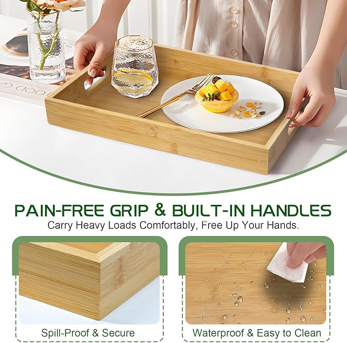 MAONAME Bamboo Serving Tray with Handles, Rectangular Decorative Tray for Coffee Table, Modern Ottoman Trays for Living Room, Kitchen, 15.8” x 11.4” x 1.8”