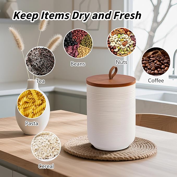 Food Storage Jar Strong Ceramic Storage Canisters with Airtight Wooden Lid,Kitchen Storage Containers for Serving Coffee Beans, Tea, Sugar, Salt, Spices (Big white 44 oz)