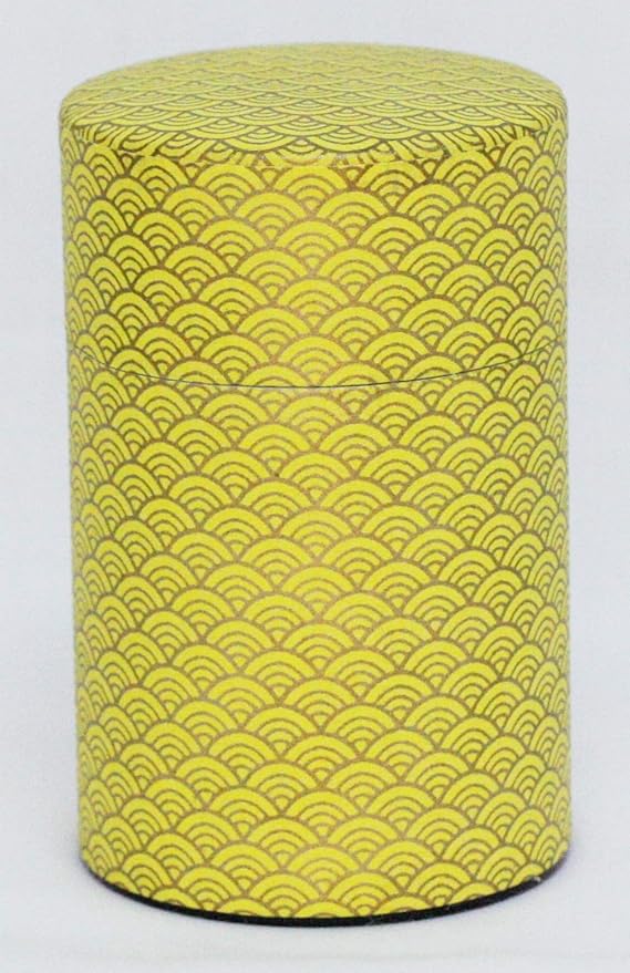Washi Paper Tea Tin Canister: Long 3.5oz (100g) Bright yellow waves with gold outlines (#87), Japan