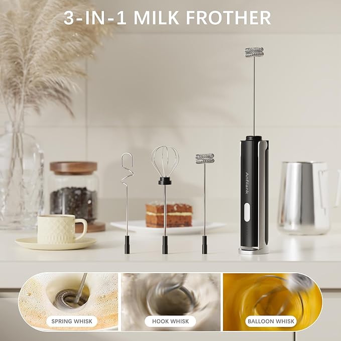 Handheld Milk Frother Wand with Folding Stand, Rechargeable Electric Whisk with 3 Speeds & 3 Stainless Heads, Milk Foam Maker with Stand for Latte, Cappuccino, Hot Chocolate, Egg